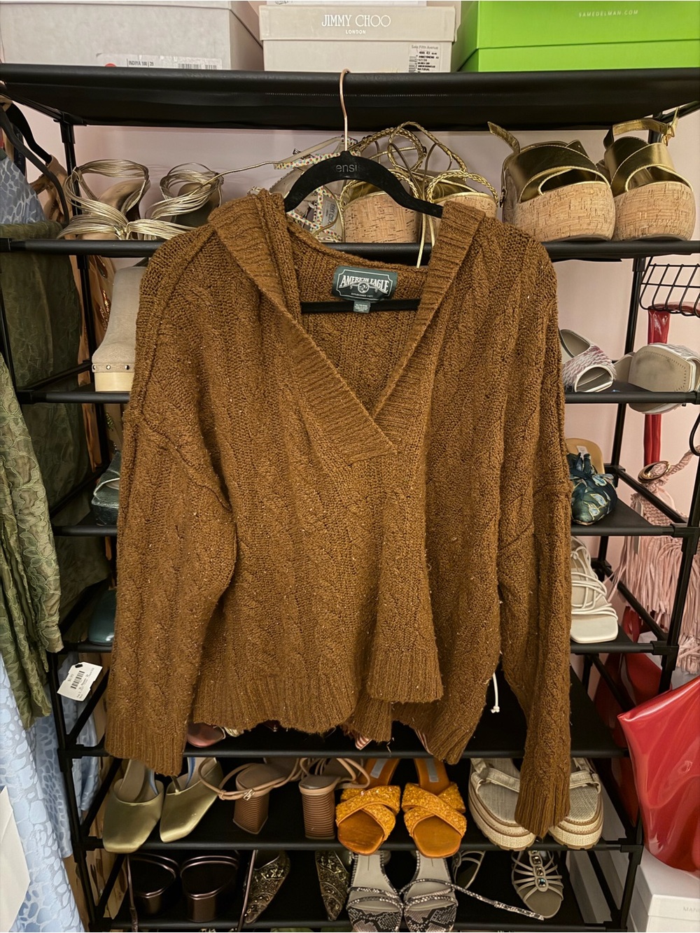 American Eagle Outfitters Brown Hooded Cable Knit Sweater